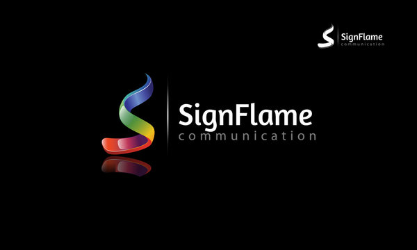 Sign Flame Communication Vector Logo Template. Creative 3D abstract vector logo design with shinny effect. this object look like flames and letter of S put on black background.