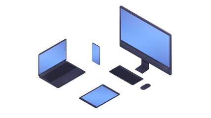 Computer, desktop, laptop , smarthope and tablet device in a set. Isometric computers isolated