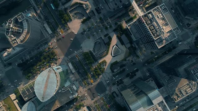 Aerial over city and skyscrapers