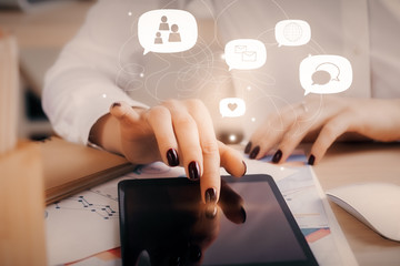 digital tablet, girl and social network icons