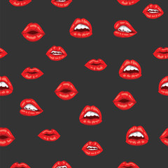 Red woman lips with smile on black background. Pattern sensual female mouth with white toothed smile. Seamless pattern beautiful woman lips with red lipstick.