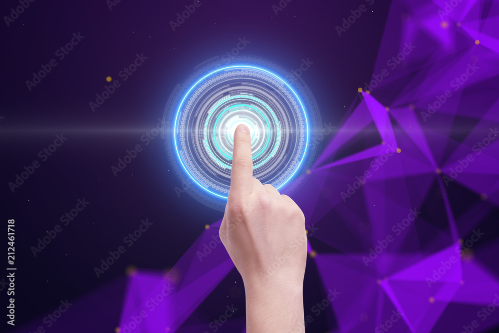 Poster man hand pushing cyber button