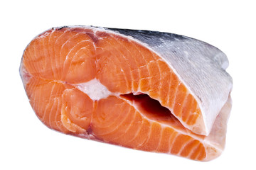 Fresh salmon steak isolated on the white background. Salmon Red Fish Steak. Large Pile of salmon...