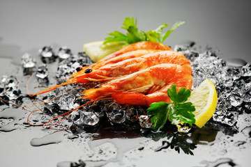 Shrimps. Fresh prawns on a black background. Seafood on crashed ice with herbs. Healthy food, cooking