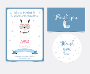 Blue hand drawn cute card with llama and glasses