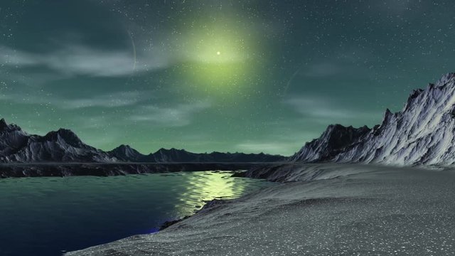 Fantasy alien planet. Mountain and water. Animation. Panorama. 4K