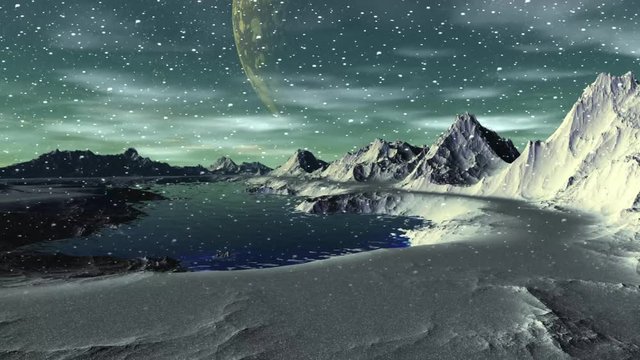 Fantasy alien planet. Mountain and water. Animation. Panorama. 4K