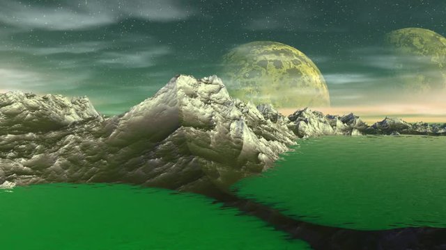 Alien Planet. Mountain and  water. Animation. Panorama. 4K