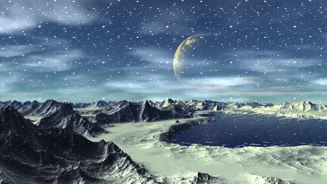 Alien Planet. Mountain and  water. Animation. Panorama. 4K