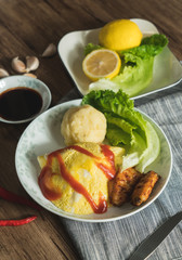 Egg-covered rice with textured background