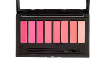 Open new lipstick colorful vivid palette. Cosmetics kit for lip makeup. Lip gloss and balm in one...