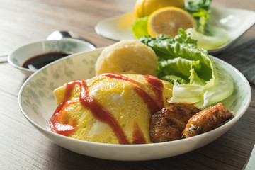 Egg-covered rice with textured background