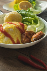 Egg-covered rice with textured background