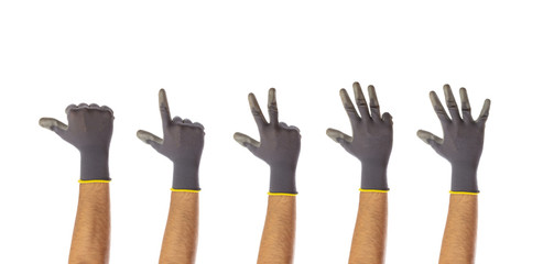 Counting male gloved hands isolated on white background