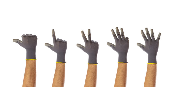 Counting male gloved hands isolated on white background