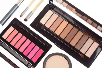 Collection of two cosmetics palettes for eye and lip makeup isolated. Vivid colorful tints, hot...