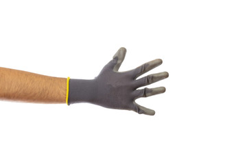 Gloved hand counting five isolated on white background