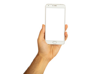 Hand holding a smartphone with blank screen isolated on white background, clipping path
