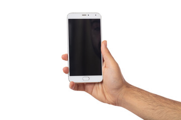 Hand holding a smartphone with blank screen isolated on white background, clipping path - Powered by Adobe