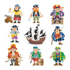 Pirate vector piratic character buccaneer man in pirating costume in hat with sword illustration set of piracy sailor person and ship or sailboat isolated on white background