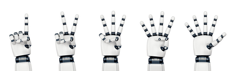 Five poses of robot hand showing different numbers from one to five