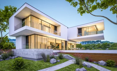 Foto op Aluminium 3d rendering of modern house by the river at evening © korisbo
