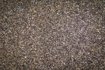 Texture of shallow coastal pebbles in water with reflection of sunlight shine, background with vignette