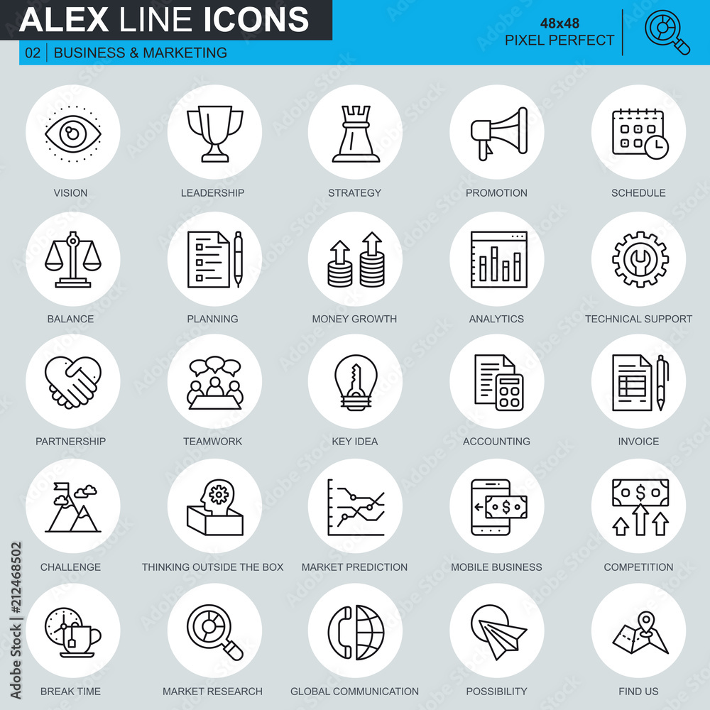 Poster thin line business and marketing icons set for website and mobile site and apps. contains such icons