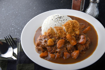 Japanese curry rice and fried pork.