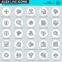 Thin line marketing and finance icons set for website and mobile site and apps. Contains such Icons as Crowdfunding, Market, E-business. 48x48 Pixel Perfect. Editable Stroke. Vector illustration.