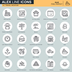 Thin line travel and tourism, for travel agencies icons set for website and mobile site apps. Contains such Icons as Booking, Summer Holiday. 48x48 Pixel Perfect. Editable Stroke. Vector illustration. - obrazy, fototapety, plakaty