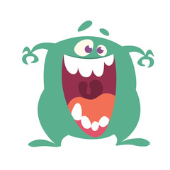 Cartoon Happy Monster With Big Mouth Laughing . Vector illustration of blue monster character. Halloween design