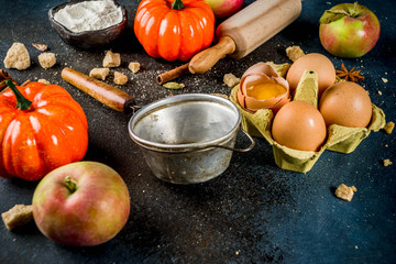 Sweet autumn baking cooking background with flour, rolling pin, decorative pumpkins, apples, cinnamon spices with anise cardamom sugar. Dark blue rusty background copy space