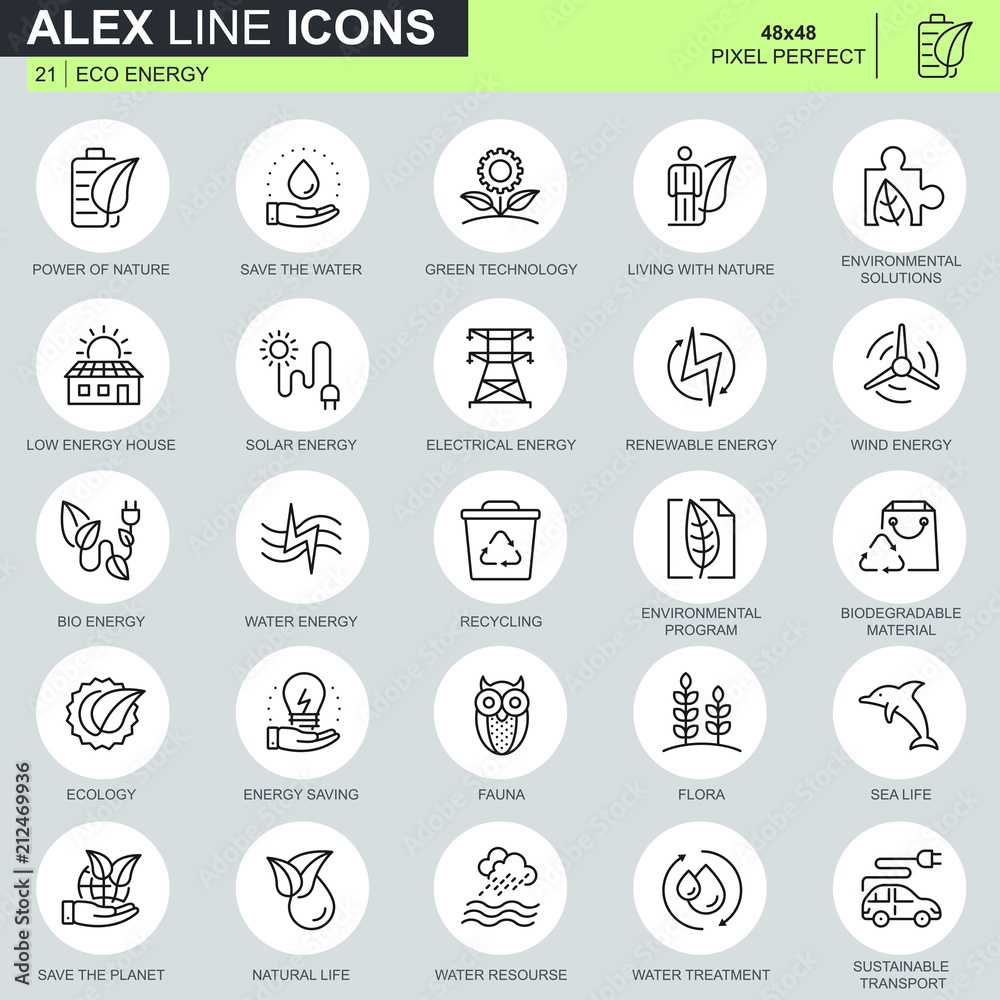 Leinwandbilder Thin line environment, renewable energy technology icons set for website and mobile site apps. Contains such Icons as Eco, Green Technology. 48x48 Pixel Perfect. Editable Stroke. Vector illustration.