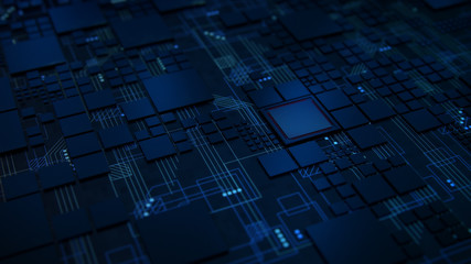 3D Render of a macro view of a Futuristic Electronic Circuit Board with Microchips and Processors....