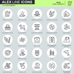 Thin line environment, renewable energy technology icons set for website and mobile site apps. Contains such Icons as Eco, Green Technology. 48x48 Pixel Perfect. Editable Stroke. Vector illustration.