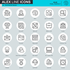 Thin line basic icons set for website and mobile site and apps. Contains such Icons as Location, Briefcase, Lamp, Support, Business, Award. 48x48 Pixel Perfect. Editable Stroke. Vector illustration.