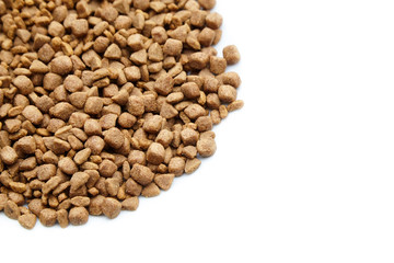 Dry food for dogs and cats. Pet meal on white background. Selective focus