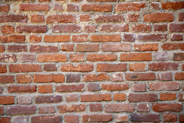 Empty Old Brick Wall Texture. Painted Distressed Wall Surface. Grungy Wide Brickwall. Grunge Red Stonewall Background. Shabby Building Facade With Damaged Plaster. Abstract Web Banner