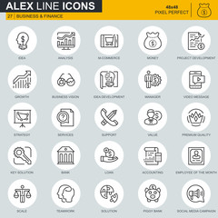 Thin line business and finance icons set for website and mobile site and apps. Contains such Icons as Analysis, Money, Accounting, Strategy. 48x48 Pixel Perfect. Editable Stroke. Vector illustration.