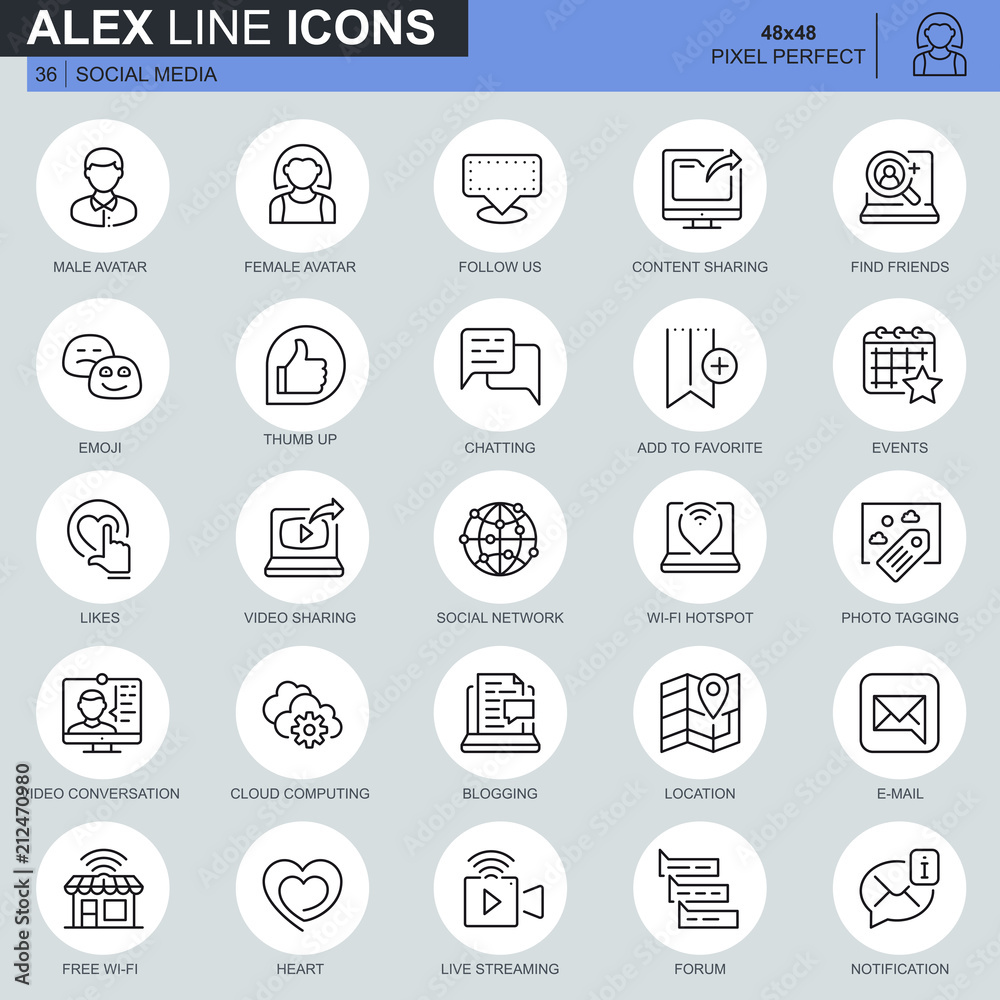 Leinwandbilder Thin line social media and network icons set for website and mobile site and apps. Contains such Icons as Avatar, Emoji, Chating, Likes. 48x48 Pixel Perfect. Editable Stroke. Vector illustration.