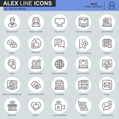 Thin line social media and network icons set for website and mobile site and apps. Contains such Icons as Avatar, Emoji, Chating, Likes. 48x48 Pixel Perfect. Editable Stroke. Vector illustration.