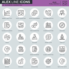 Thin line business and marketing icons set for website and mobile site and apps. Contains such Icons as Vision, Mission, Planning, Market. 48x48 Pixel Perfect. Editable Stroke. Vector illustration.