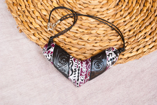 African tibal necklace. Black carnet color bib necklace. Handmade jewelry from polymer clay.