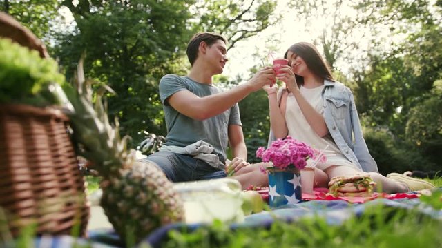Attractive young couple smiling resting in park doing selfie on camera have picnic talk drink man woman love girl summer nature beautiful emotive outdoors outing pleasure positive pretty relations