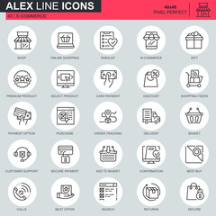Thin line e-commerce and shopping icons set for website and mobile site and apps. Contains such Icons as Payment, Basket, Customer, Shop. 48x48 Pixel Perfect. Editable Stroke. Vector illustration.
