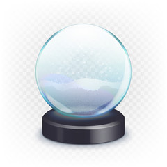 Stock vector illustration realistic new year Christmas empty snow globe, ball isolated on a transparent checkered background. Sphere magic, realistic dome, crystal glossy. EPS10