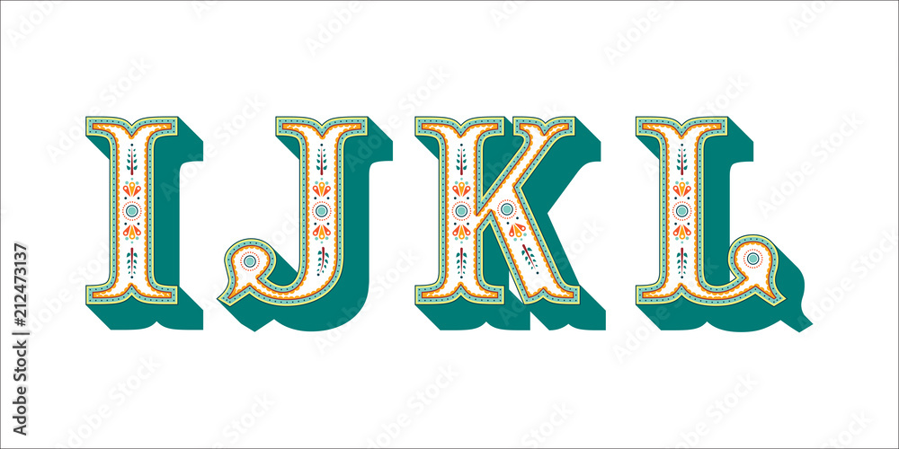 Fototapete folk ornament font alphabet i j k l for your design. isolated characters. vector design element for 