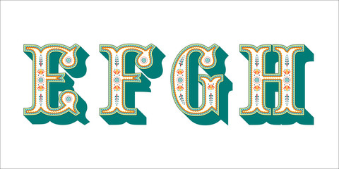 Folk ornament font Alphabet E F G H for your design. Isolated characters. Vector design element for your art. Ornamental typescript, vintage design lettering.