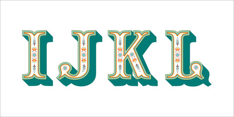 Folk ornament font Alphabet I J K L for your design. Isolated characters. Vector design element for your art. Ornamental typescript, vintage design lettering.